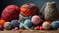 Handmade crafts: colorful wool balls and knitting needles