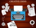 Creative crisis concept. Top view of writer`s workplace
