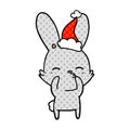 A creative curious bunny comic book style illustration of a wearing santa hat