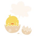 A creative cute cartoon chick hatching from egg and speech bubble in retro style Royalty Free Stock Photo