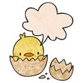 A creative cute cartoon chick hatching from egg and speech bubble in retro texture style Royalty Free Stock Photo