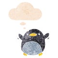 A creative cute cartoon flapping penguin and thought bubble in retro textured style