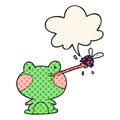 A creative cute cartoon frog catching fly and tongue and speech bubble in comic book style Royalty Free Stock Photo