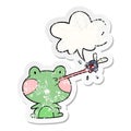 A creative cute cartoon frog catching fly and tongue and speech bubble distressed sticker Royalty Free Stock Photo