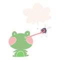 A creative cute cartoon frog catching fly and tongue and speech bubble in retro style Royalty Free Stock Photo