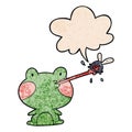 A creative cute cartoon frog catching fly and tongue and speech bubble in retro texture style Royalty Free Stock Photo