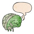 A creative cute cartoon old turtle and walking stick and speech bubble in retro texture style Royalty Free Stock Photo