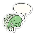 A creative cute cartoon old turtle and walking stick and speech bubble sticker Royalty Free Stock Photo