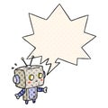 A creative cute cartoon surprised robot and speech bubble in comic book style