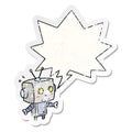 A creative cute cartoon surprised robot and speech bubble distressed sticker