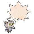 A creative cute cartoon surprised robot and speech bubble in retro texture style