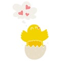 A creative cute hatching chick cartoon and thought bubble in retro style