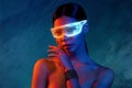 Creative 3d abstract collage of stunning girl wear holographic goggles for using virtual reality network