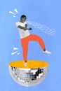 Creative 3d collage artwork postcard poster sketch of young person have fun dance part piece half discoball isolated on