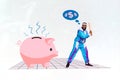 Creative 3d collage artwork sketch image of young happy man want destroy big piggy box get money isolated on painting