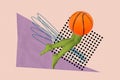 Creative 3d collage illustration of headless absurd professional basketball player support his team match isolated on Royalty Free Stock Photo