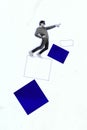 Creative 3d composite picture collage of funny man mocking directing finger collect incomplete cubes isolated on grey