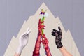 Creative 3d graphics collage of colorful lady arms wear lace gloves holding flower isolated drawing background