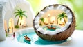 Miniature Tropical Resort Inside Coconut with Pool and Boat Scene Royalty Free Stock Photo