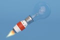Creative 3D illustration rocket and bulb on blue background. Royalty Free Stock Photo