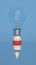 Creative 3D illustration rocket and bulb on blue background. Royalty Free Stock Photo