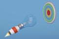 Creative 3D illustration rocket and bulb on blue background. Royalty Free Stock Photo
