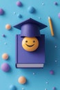 Graduation Cap Smiley Icon with Book and Pencil on Blue Background Royalty Free Stock Photo