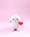 Creative 3D model cute little creature that gives love red heart. Perfect Valentine gift. Pastel pink background