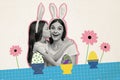 Creative 3d photo artwork collage of happy surprised mother daughter kiss hug easter dinner celebration headband bunny Royalty Free Stock Photo