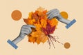 Creative 3d photo artwork graphics collage of hands holding bunch autumn golden orange maple leaves herbarium florist Royalty Free Stock Photo
