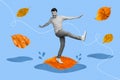Creative 3d photo artwork graphics collage of happy smiling energetic man have fun stand big golden leaf autumn puddle