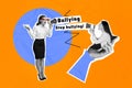 Creative 3d photo artwork graphics collage painting of activists creaming toa asking stop cyber bullying isolated orange