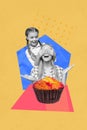 Creative 3d photo artwork graphics collage painting of excited girl preparing mom surprise cake isolated orange color Royalty Free Stock Photo