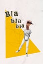 Creative 3d photo artwork graphics collage painting of funny lady ostrich instead head talking blah blah blah isolated