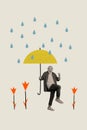 Creative 3d photo artwork graphics collage painting of funny lucky old guy walking garden under rain isolated beige Royalty Free Stock Photo