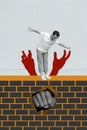 Creative 3d photo artwork graphics collage painting of scared frightened guy trying escape prison isolated drawing
