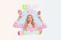 Creative 3d photo artwork graphics collage of young beautiful girl bunny ears easter eggs point inscription happy easter Royalty Free Stock Photo