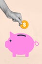 Creative 3d photo artwork graphics painting of arm putting coin inside piggy bank isolated drawing background