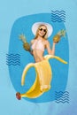 Creative 3d photo artwork graphics painting of funny girl banana instead of legs holding pineapples isolated drawing