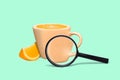 Creative 3d photo artwork graphics painting of magnifier enlarging fruit beverage cup isolated teal turquoise background