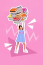 Creative 3d photo artwork graphics painting of smiling happy small kid rising huge heavy book stack isolated drawing