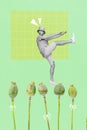 Creative 3d photo collage artwork graphics painting of funny funky guy dancing poppies isolated drawing background