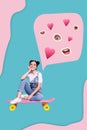Creative 3d photo collage artwork graphics painting of funny thinking lady sitting skateboard dreaming love isolated