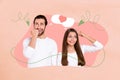 Creative 3d photo collage artwork painting of funny doubtful couple thinking invitinh 14 february date isolated drawing