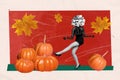 Creative 3d photo collage painting of funny lady catrina dancing halloween disco isolated red color background
