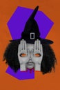 Creative 3d photo collage poster sketch artwork of ugly scary witch bloody hands empty eyes isolated on painting