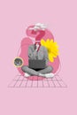 Creative 3d pinup pop artwork collage sketch of minded faceless person sitting using netbook decide question choose