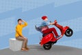 Creative 3d poster of professional biker old man doing tricks guy look him impressed isolated blue color background Royalty Free Stock Photo
