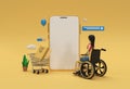 Creative 3D Render Mobile Online Shopping Mockup with Woman in Wheelchair Web Banner, Marketing material, presentation, online