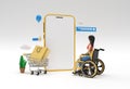 Creative 3D Render Mobile Online Shopping Mockup with Woman in Wheelchair Web Banner, Marketing material, presentation, online